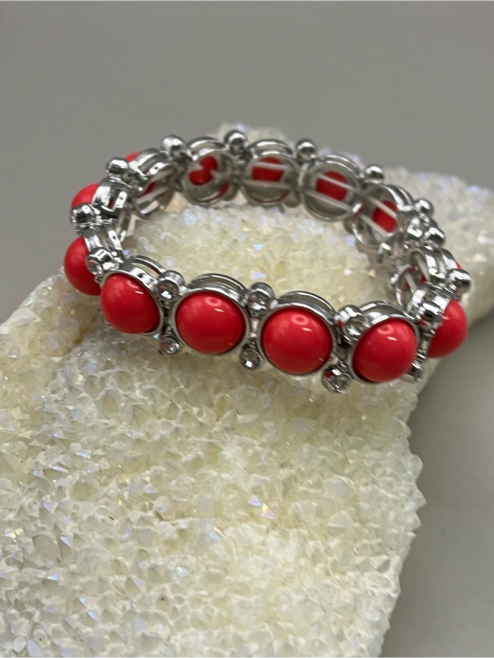 Silver Bracelet with Coral Red Cabochons